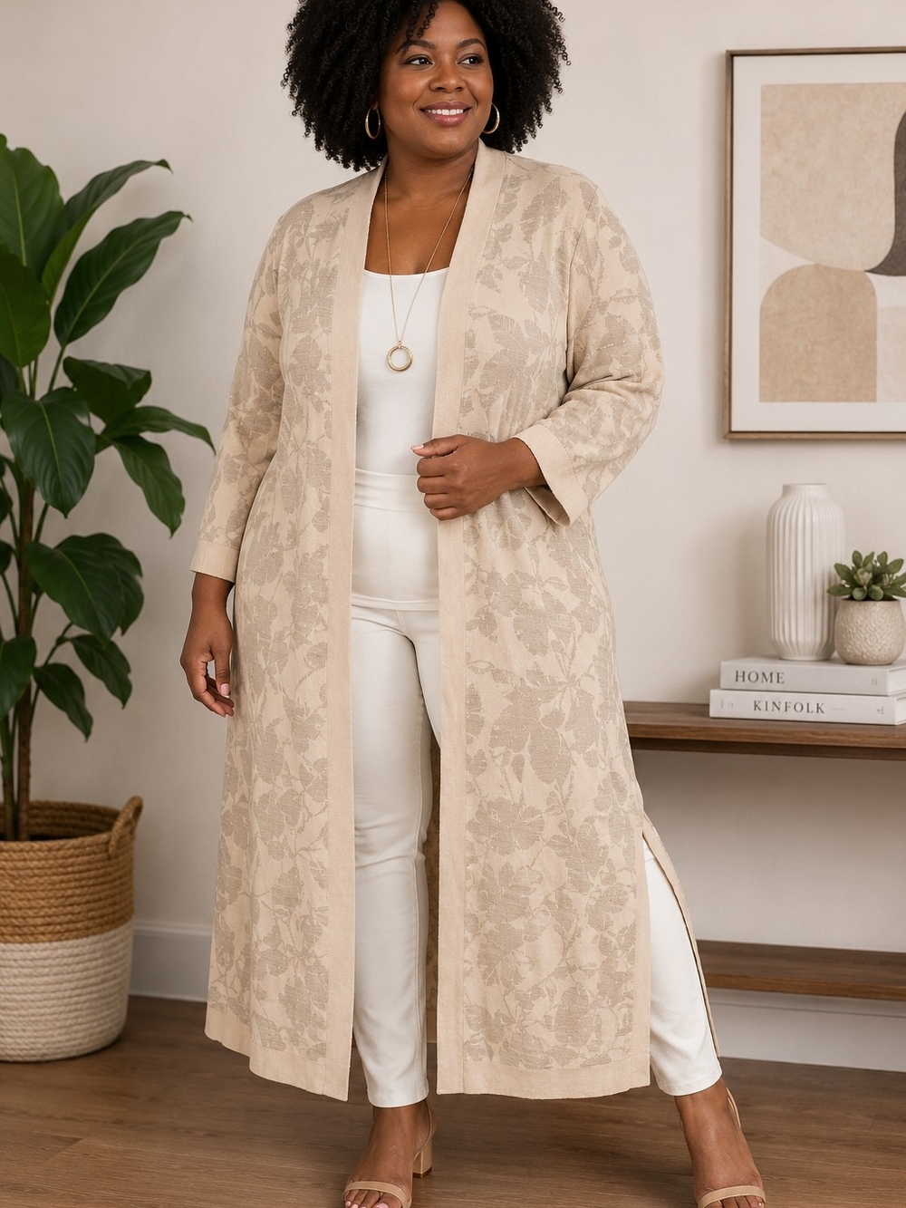 Marla Wynne Medium Jacquard Duster Cardigan Beige Taupe Open Front Long Sweater